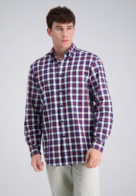 Long Sleeve Brushed Cotton Plaid Shirt, Dark Navy