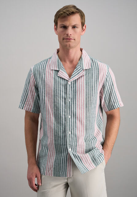 Short Sleeve Linen Stripe Camp Shirt, Pink