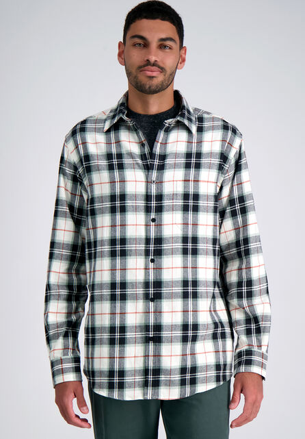 Long Sleeve Flannel Plaid Shirt, White