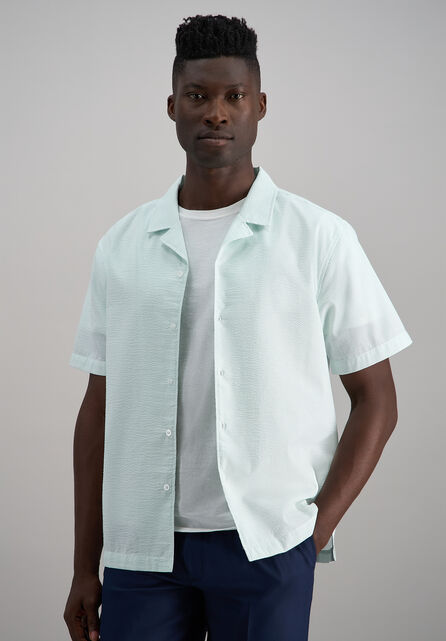 Short Sleeve Seersucker Camp Shirt, SEAFOAM